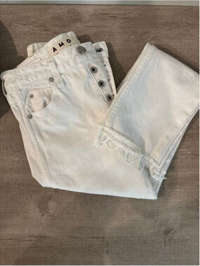 AMO Denim 2010s Sea Salt White Straight Crop Jeans Button Fly & Raw Hem Size 25